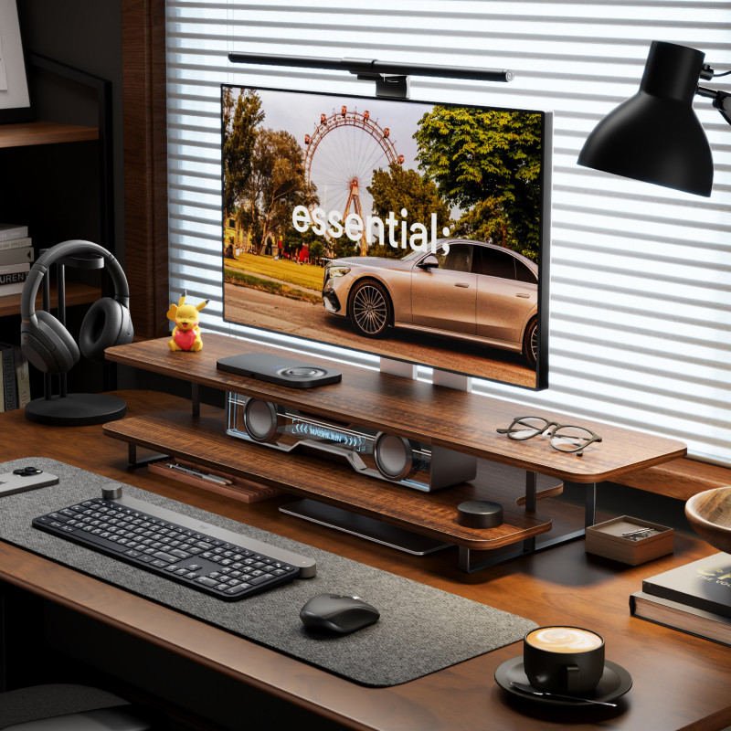 Walnut Finish Monitor Stand Ri - Desk Setup Monitor And Laptop review and price